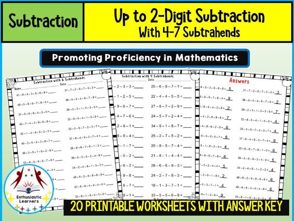 Up to 2-Digits Subtraction with Subtrahends (4–7) – Worksheets Practice Activity
