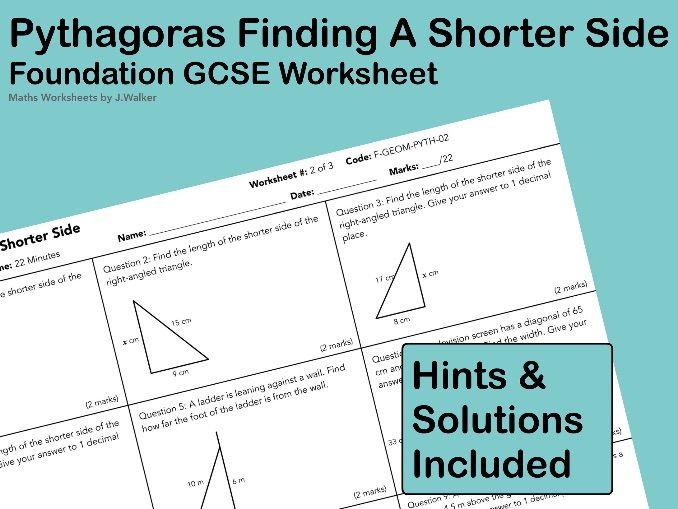 GCSE Maths Worksheet: Pythagoras Finding A Shorter Side - Foundation Tier