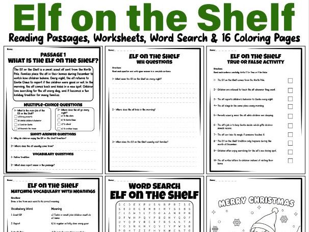 Elf on the Shelf Reading Passages, Worksheets, Word Search & 16 Coloring Pages