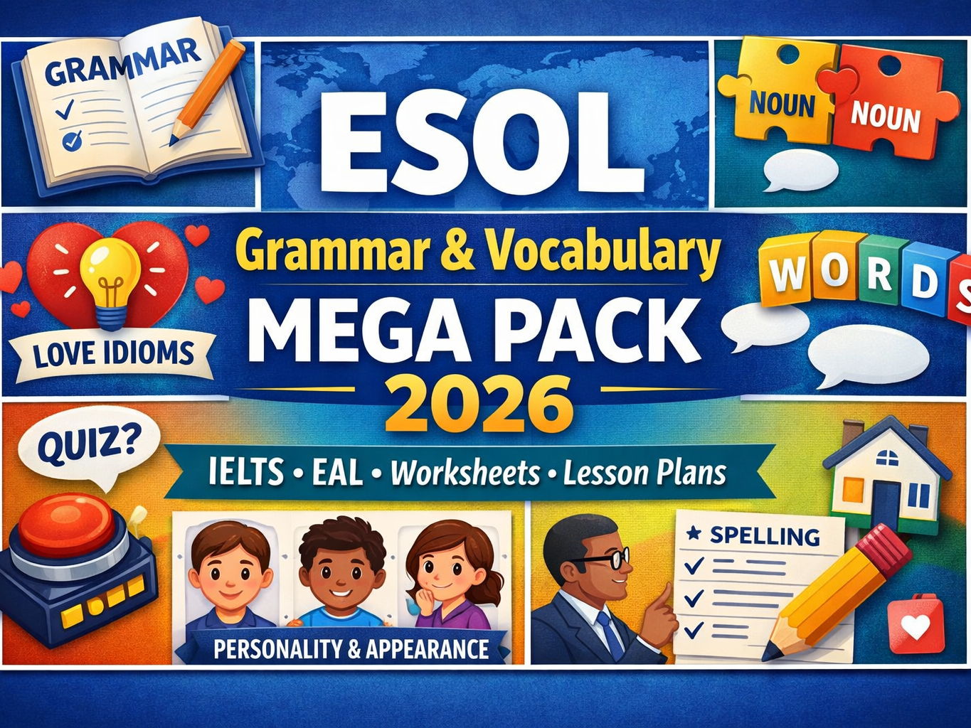 ESOL Grammar & Vocabulary Mega Pack 2026 –2027 IELTS, Collocations, Idioms, Spelling & Grammar Worksheets (B1–B2 · Printable)