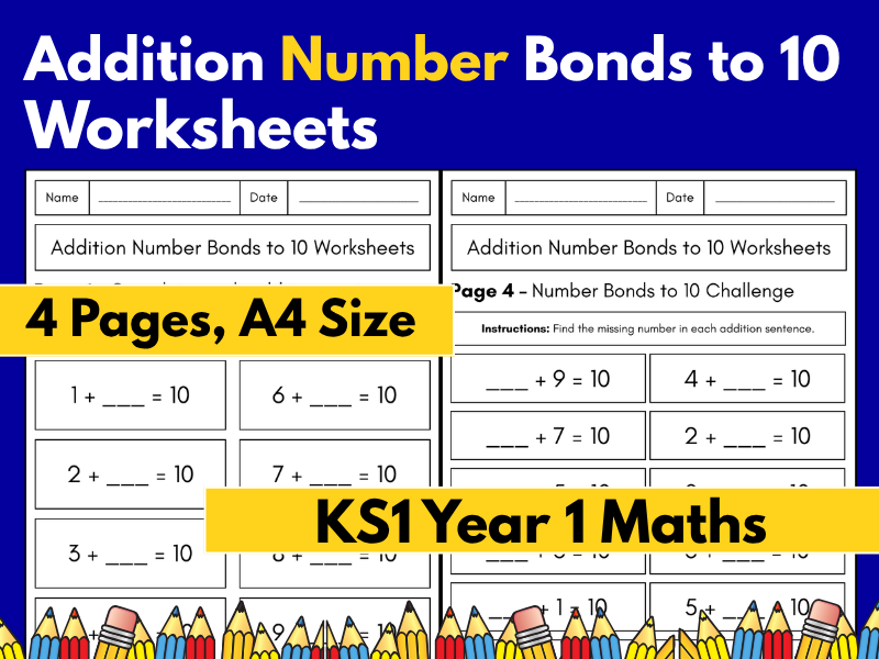 Addition Number Bonds to 10 Worksheets | KS1 Maths | Year 1