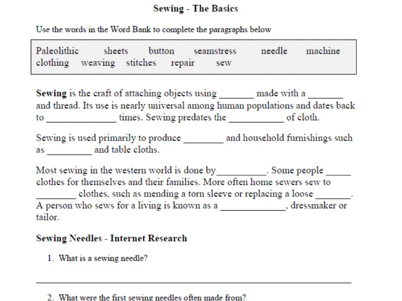 Sewing (The Basics) - Introductory Worksheets for Mandatory Technology (NSW BOSTES)