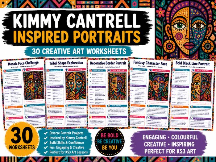 Kimmy Cantrell Inspired Portraits – 30 Creative Art Worksheets | KS3 Art & Portraiture