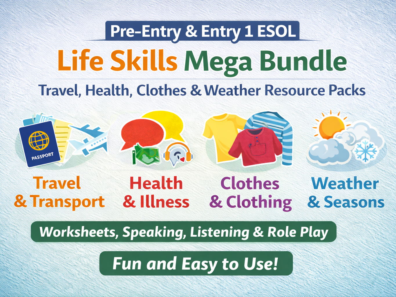 Pre-Entry & Entry 1 ESOL Life Skills Mega Bundle – Travel, Health, Clothes & Weather Worksheets with Teacher Copies