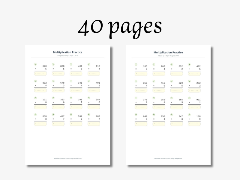 3-Digit by 1-Digit Multiplication Worksheets
