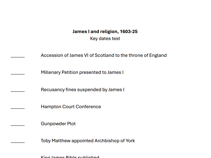 Key dates test - James I and religion (OCR A-level history Unit Y108)