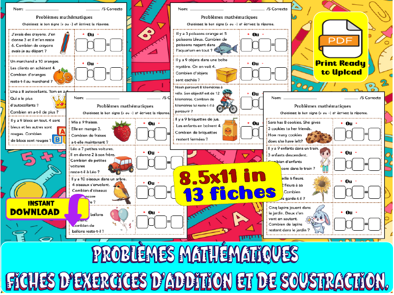 Problèmes mathématiques-Fiches d’exercices d’addition et de soustraction.