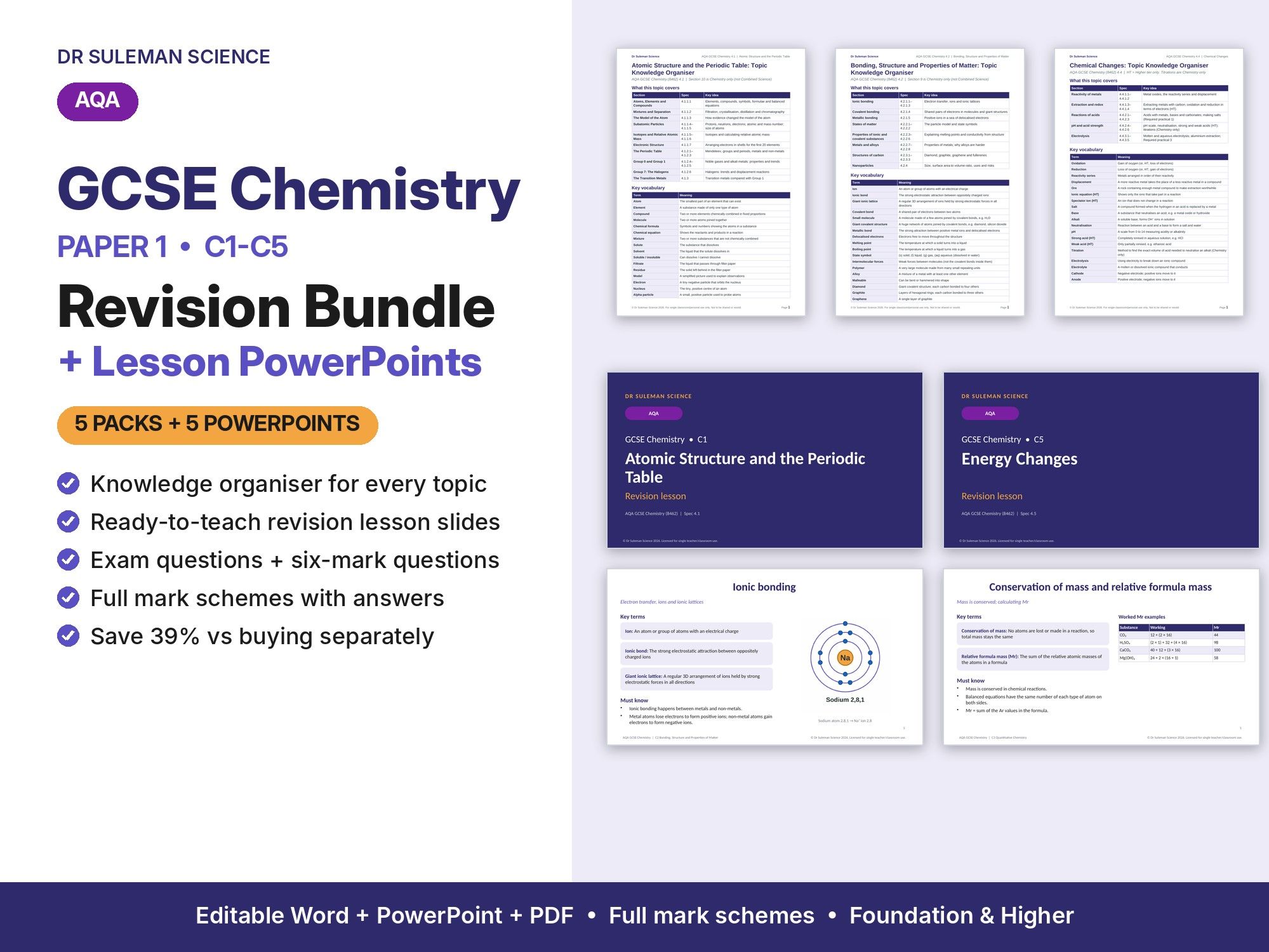 AQA GCSE Chemistry Paper 1 Revision Bundle + PowerPoints (C1-C5)
