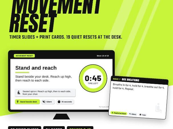 Movement Break Timer Slides + Print Cards for SEND | 19 Seated or Standing Resets | Grades 6-12