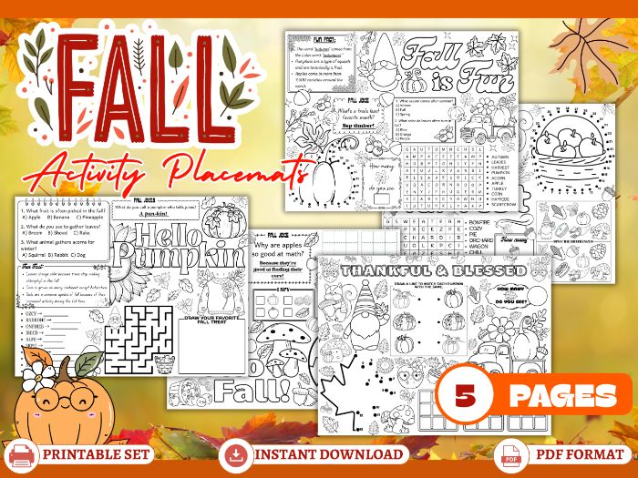 Fall Activity Placemats feature fall-themed mazes, dot-to-dots, puzzles, matching, counting, jokes