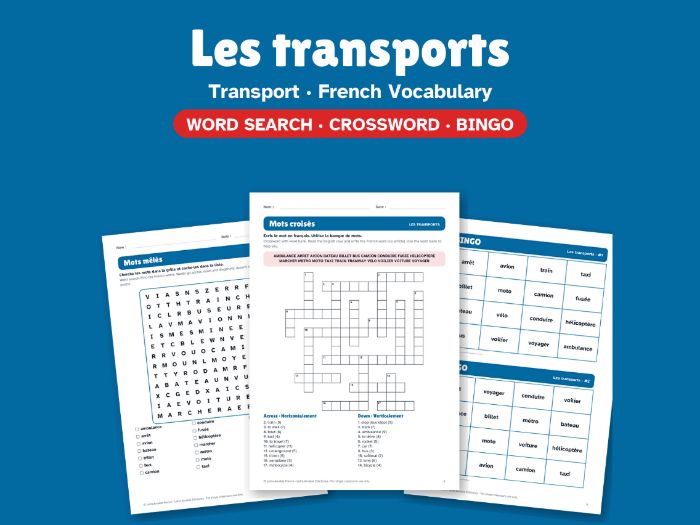 Transport in French: Word Search, Crossword & Bingo