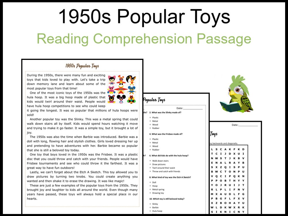 1950s Popular Toys Reading Comprehension and Word Search Teaching