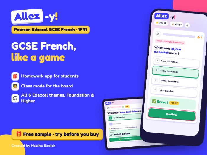 Allez-y! Edexcel GCSE French practice game – homework app + Class mode (Foundation & Higher)