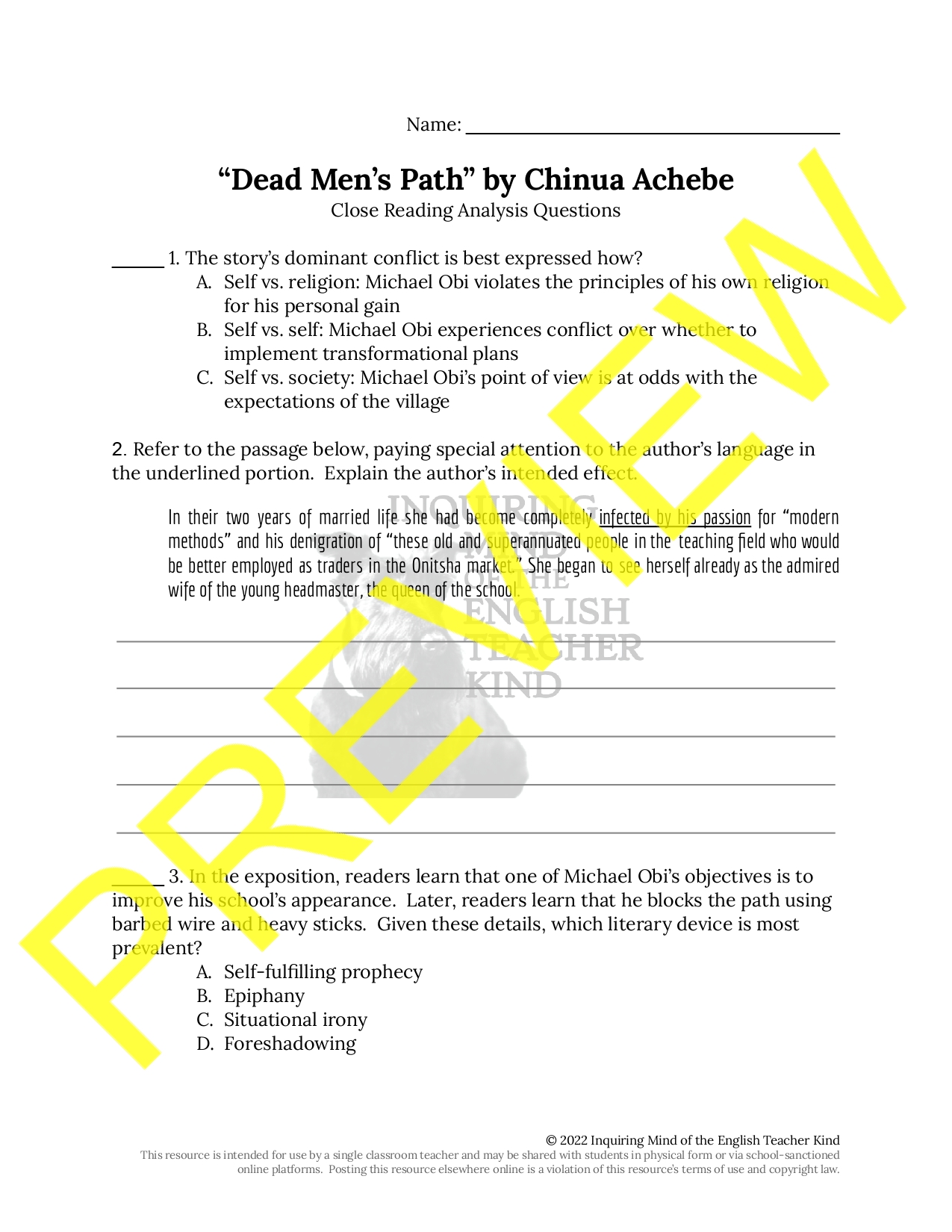 "Dead Men's Path" by Chinua Achebe Close Reading Worksheet Teaching Resources
