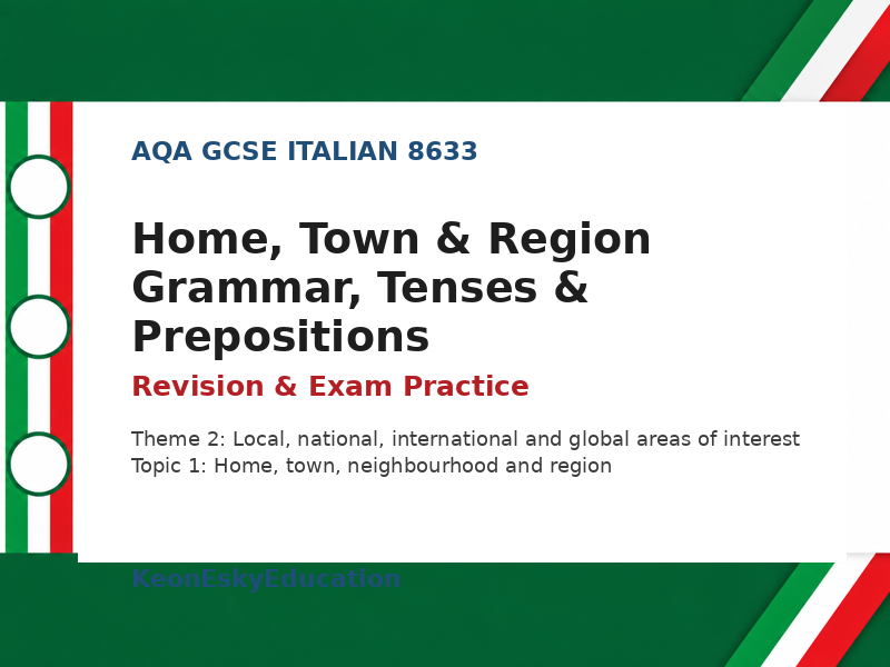 AQA GCSE Italian - Home, Town & Region Grammar, Tenses & Prepositions