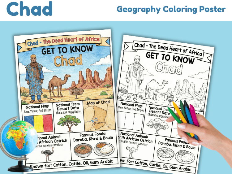 Chad Geography Coloring Poster | Country Facts & Map Activity