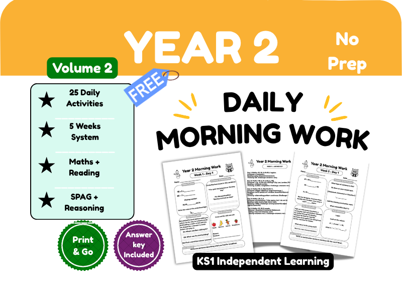 Year 2 Daily Morning Work FREEBIE | 2 No-Prep Maths, Grammar, Reading & Reasoning Activities | KS1