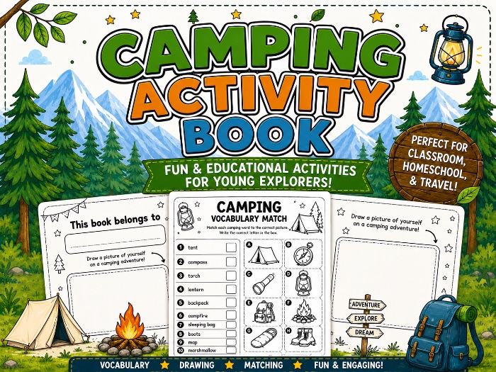 Camping Activity Book | Summer Literacy Worksheets | Writing Prompts, Vocabulary