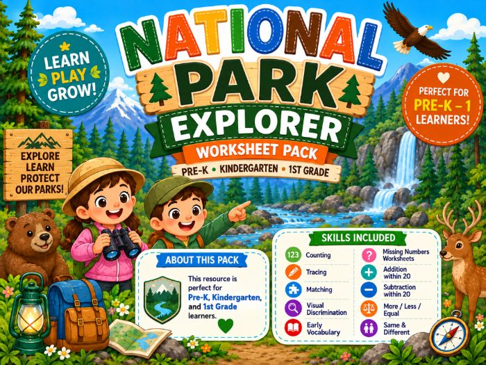 National Park Worksheets Pre-K–1st Grade | Math, Tracing, Matching & Vocabulary