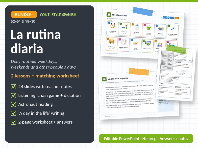 Spanish Daily Routine Bundle: 2 Lessons + Worksheet | Conti Style