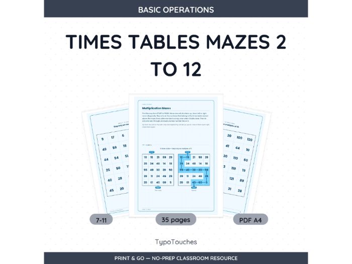 Times Tables Mazes 2 to 12 | 35 Sheets