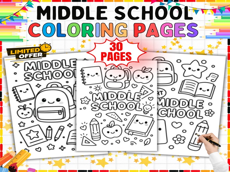 School Supplies Coloring Pages | 30 Sheets | Middle School End of Year Fun