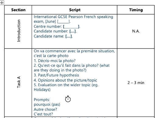 IGCSE French Speaking Exam Script