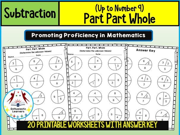 Part-Part-Whole Subtraction Worksheets (Up to 2 Parts and a Whole, Numbers up to 9) Practice Activit
