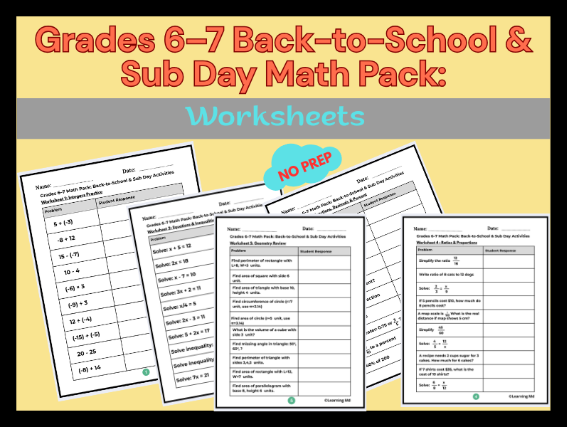 Grades 6–7 Back-to-School & Sub Day Math Pack