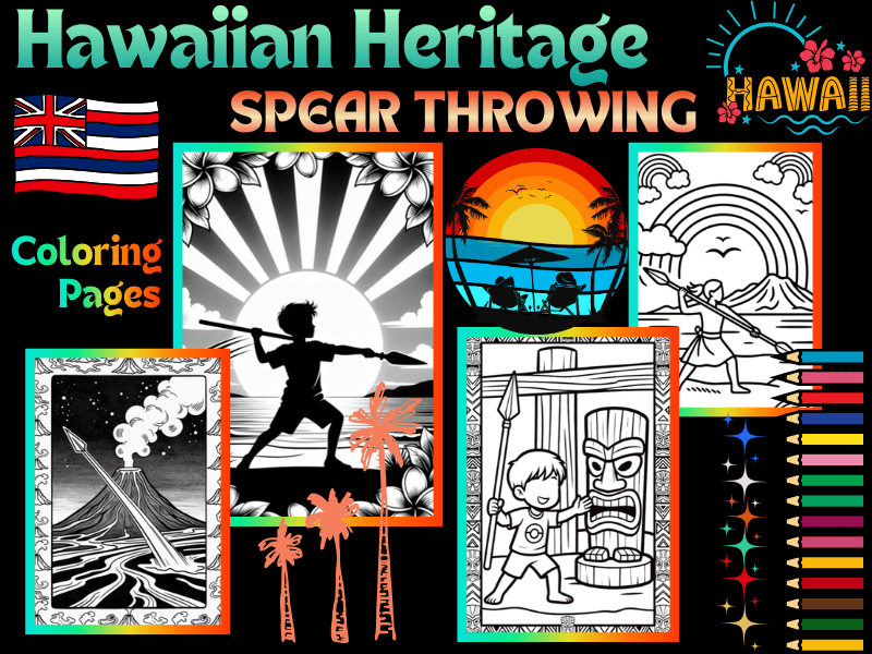 Hawaiian Heritage Month Spear Throwing Coloring Pages for Kids! Warrior Activity