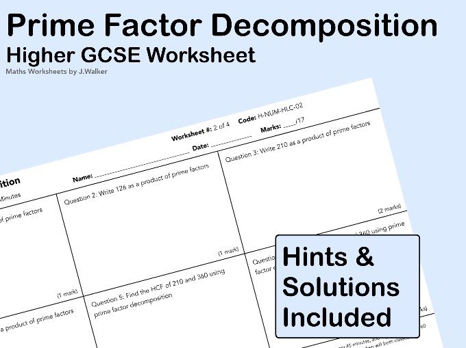 GCSE Maths Worksheet: Prime Factor Decomposition- Higher Tier