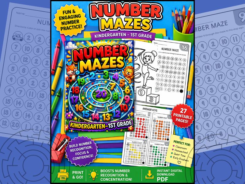 Number Mazes Printable Worksheets K-1st Grade Number Recognition Fine Motor Activities PDF