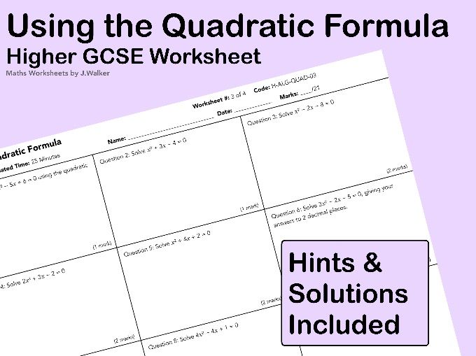 GCSE Maths Worksheet: Using the Quadratic Formula - Higher Tier