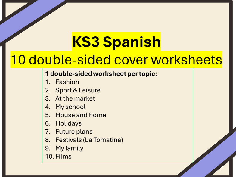 KS3 Spanish: 10 double-sided cover worksheets (10 topics)