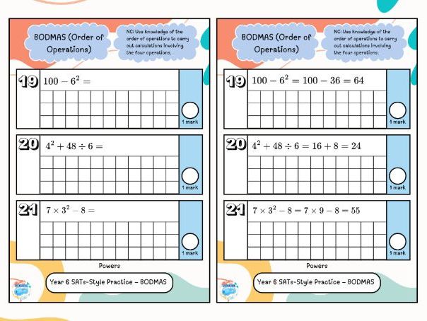 Year 6 BODMAS Worksheets – SATs Order of Operations, Powers & Brackets