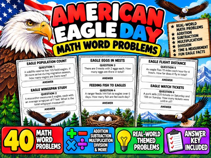 American Eagle Day Math Word Problems | 40 Themed Math Problems & Answer Key