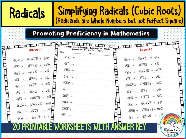 Simplifying Radicals – Cubic Roots (Radicands Are Whole Numbers but Not Perfect Cubes) Worksheets
