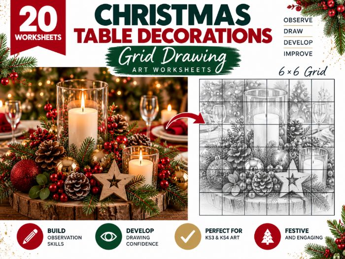 Christmas Table Decorations Grid Drawing Worksheets | 20 Festive 6x6 Drawing Activities | KS3 KS4 Ar