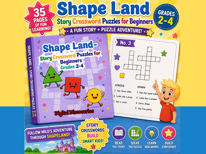 Shape Crossword Adventure Printable for Grades 2-4 Reading Comprehension Crossword Puzzles