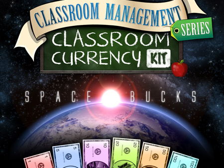 Classroom Currency Kit: Space Bucks (Quid) 1, 5, 10, 20, 50, and 100 marked notes