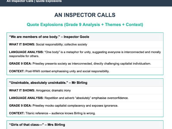 An Inspector Calls: Quote Explosions (Grade 9 Analysis + Themes + Context)