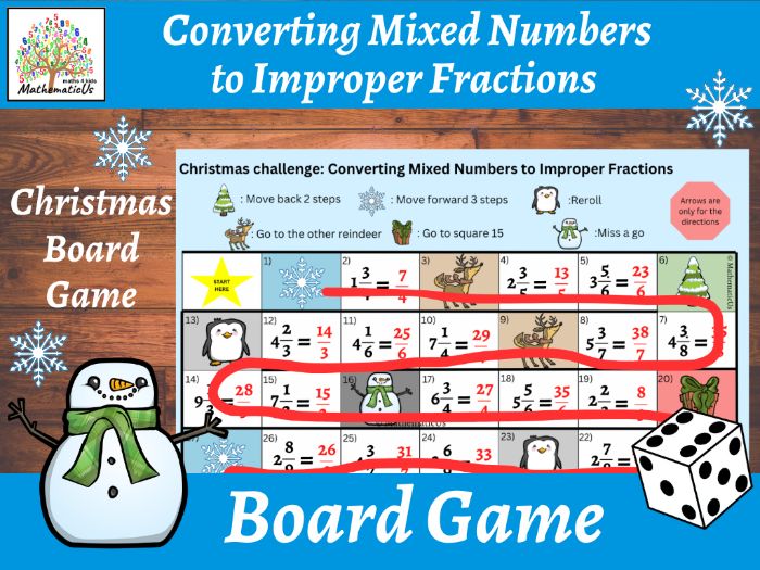Converting Mixed Numbers to Improper Fractions Christmas Board Dice Game