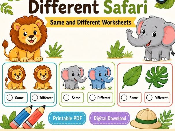 Same And Different Safari | Same and Different Worksheets | Printable PDF | Digital Download