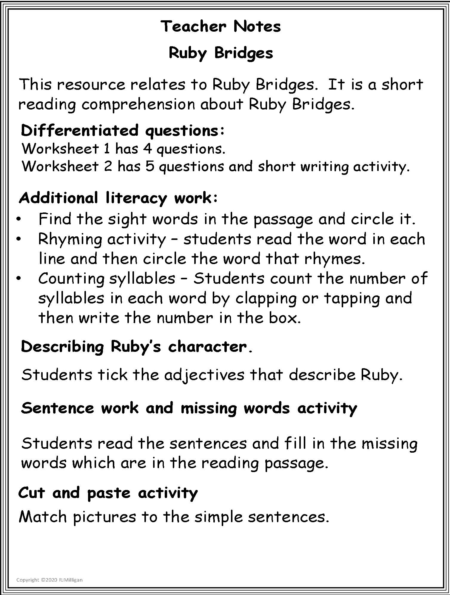 reading comprehension passage questions worksheets ruby bridges black