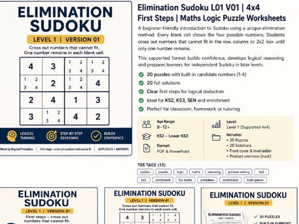 Elimination Sudoku Level 1 V1 | 20 Supported 4×4 Puzzles with Answers