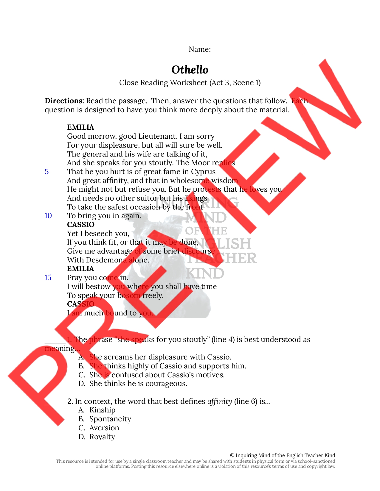 Othello Act 3 Scene 1 Close Reading Worksheet | Teaching Resources