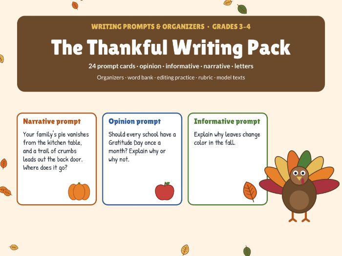 Thanksgiving Writing Prompts & Organizers | Gratitude, Opinion, Narrative, Letter | Grades 3-4