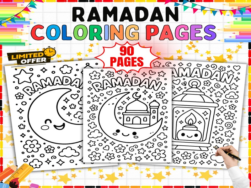Ramadan Coloring Pages | 90 Page Coloring Sheets | Crescent Moons and Lanterns