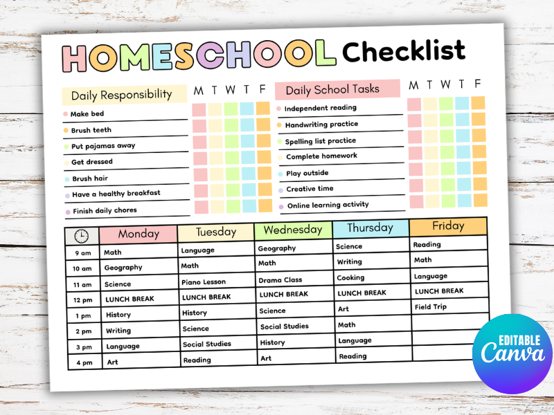 Editable Homeschool Checklist & Weekly Schedule, Responsibility, Schoolday Routine