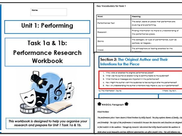 Eduqas Performing Arts Unit 1 Task 1a & 1b Performance Research Workbook + Teacher Guidance